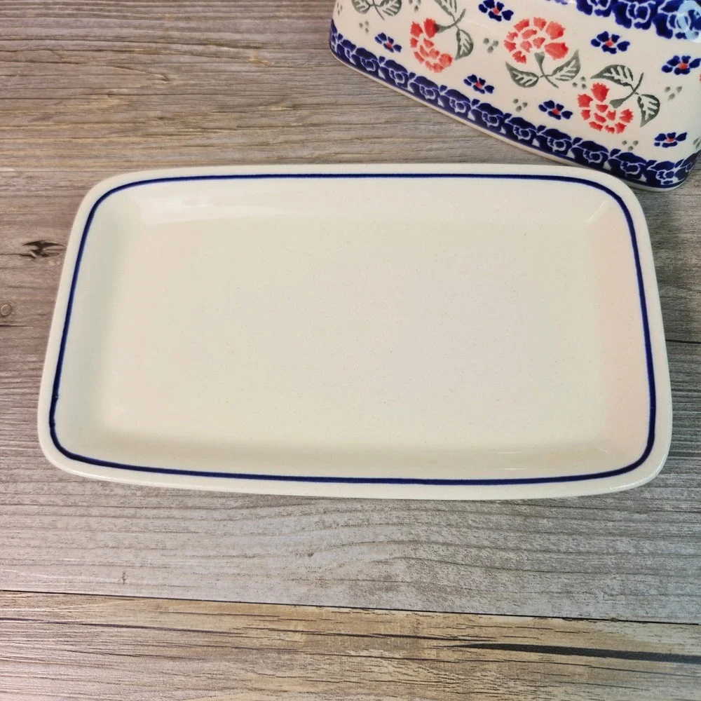 Boleslawiec Polish Pottery Butter Dish Covered Tray Floral Blue Red Hand Made 95